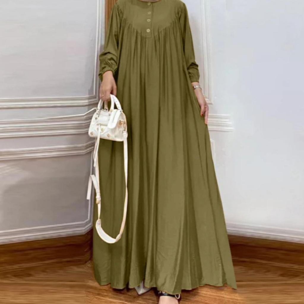 Abito Lungo da Donna con Scollo a Girocollo e Maniche Lunghe, Vita Larga, Monocolore, Modesto, Abito Abaya