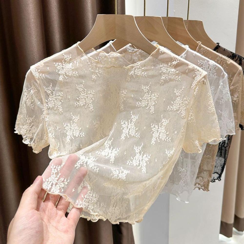 Nylon Sheer Mesh Blouse Short Sleeve Hollow Out Layering Tee Cool Sling Dress Cover Up  Women
