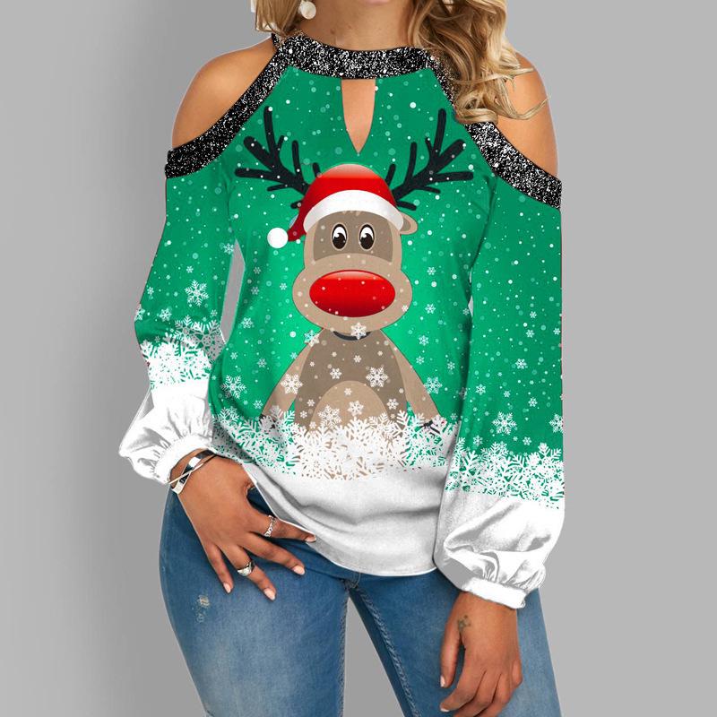 2023 European Christmas Reindeer Off-Shoulder Long Sleeve Top: Women's Casual Fashion