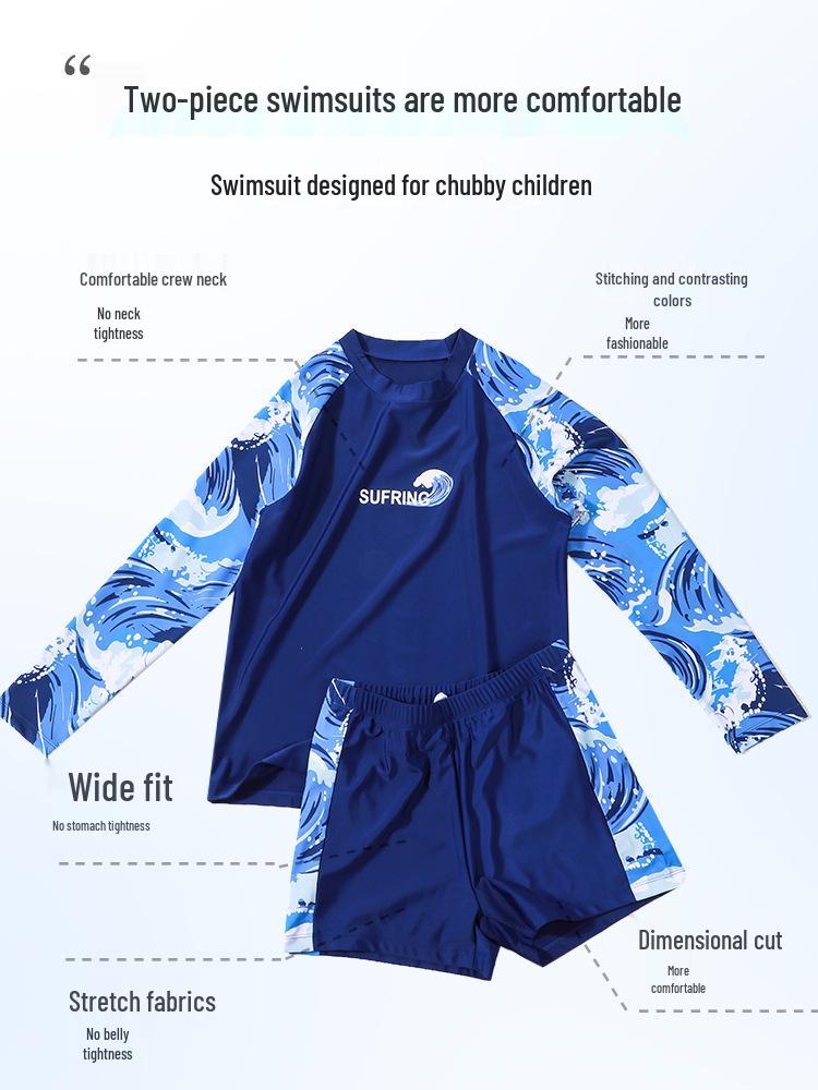 Boys' Long-Sleeved Quick-Dry Swimwear with Sun Protection, Loose Fit, Plus Size for Big Kids