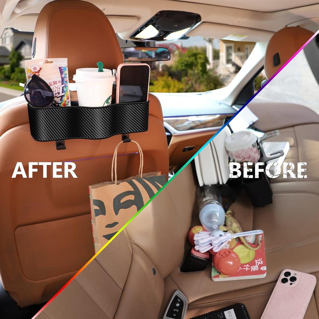 Backseat Car Organizer With Cup Holder - Multifunctional Back Seat Car Organizer With Two Seat Hooks, Fits Most Cars, Can Hold Snacks, Canned Drinks