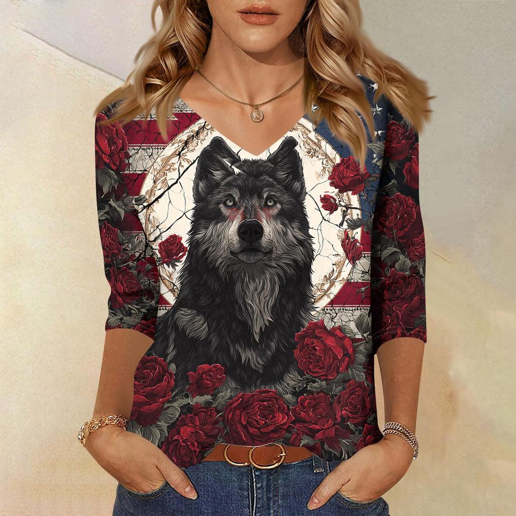 Womens Casual V Neck Three Quarter Sleeve Top Halloween Print Loose Fit Pullover Shirt Lightweight Soft Fabric