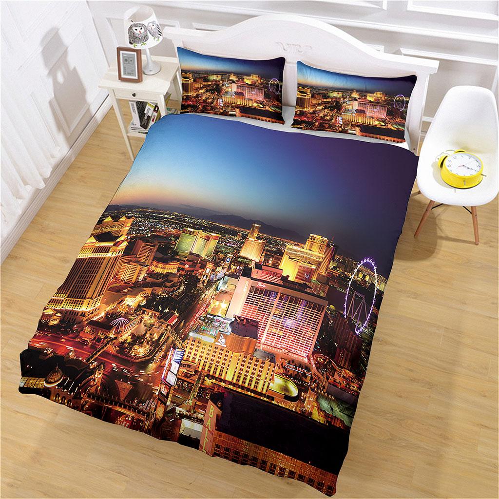 King Queen Duvet Cover City Scenery 3D Single Double Quilt Cover Polyester Bedding Collection For Kids Teens Adults With Pillowcase