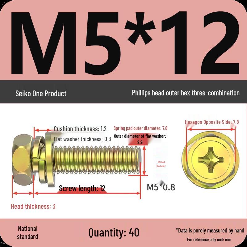 Concave Head Hexagon Combination Bolt Set with Spring Washer and Gasket - 3 Pieces