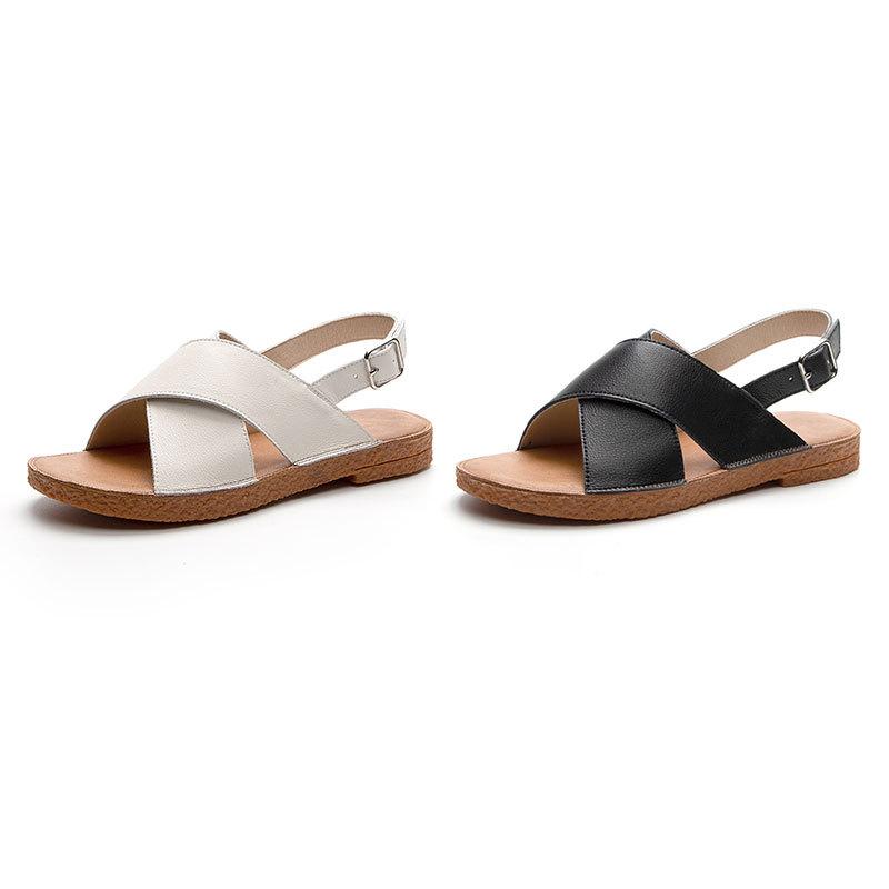 2025 new summer cowhide cross flat heel soft sole daily casual breathable one-word buckle with lightweight Roman sandals women