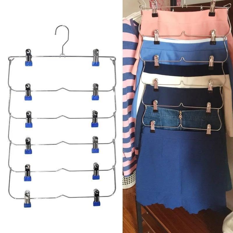 New 6 Layer Clothes Hangers Multilayer Skirt Trouser Hanger For Pants Non Slip Metal Hanger Clips Clothing Storage Rack Holder