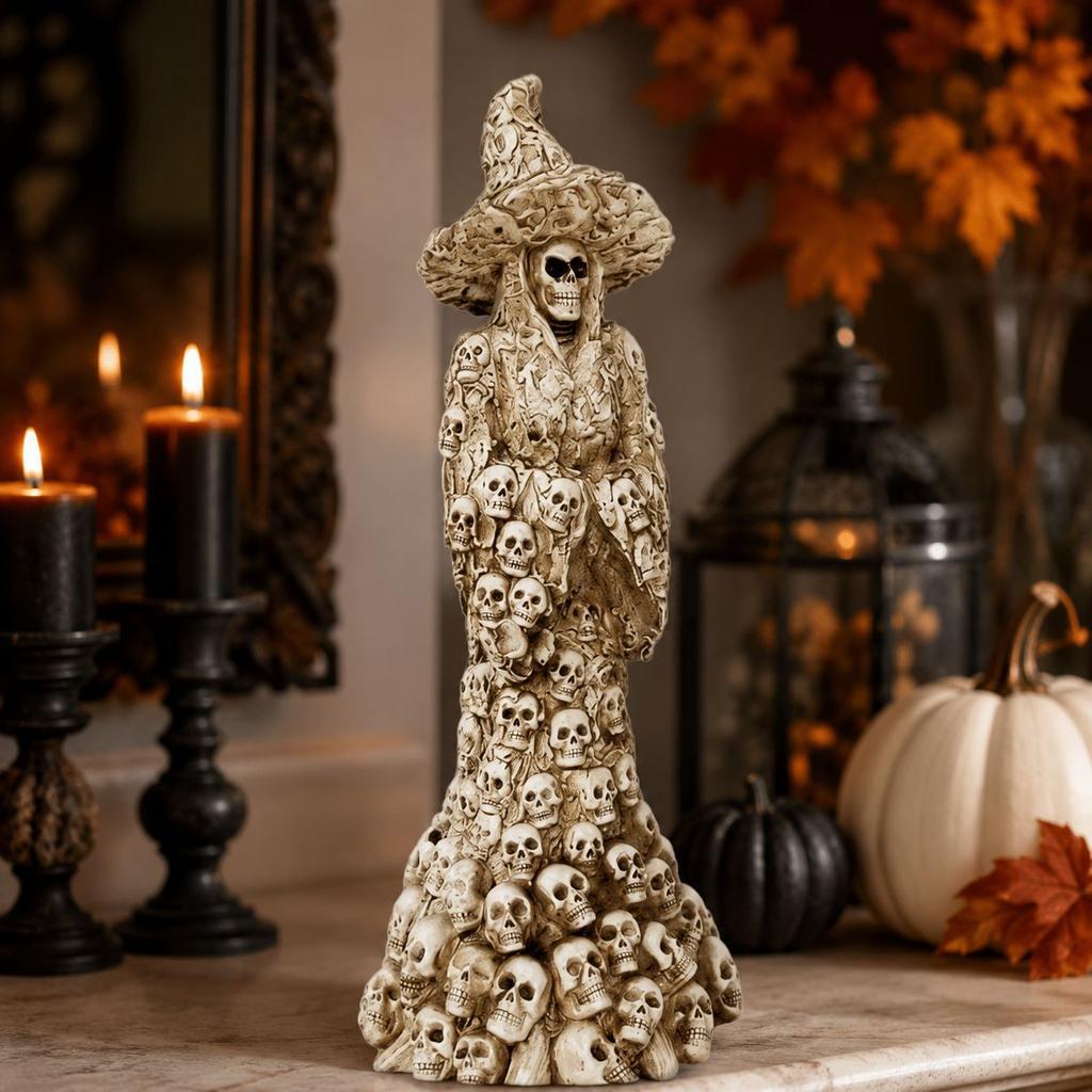 Halloween Skeleton Witch Decor Figurine, Dark Horror Witch Skeleton Scene, Living Room Spooky Tabletop Ornament, Resin Craft