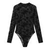 Sexy Slim Fit Long-Sleeve Lace Mesh Print Bodysuit 10804