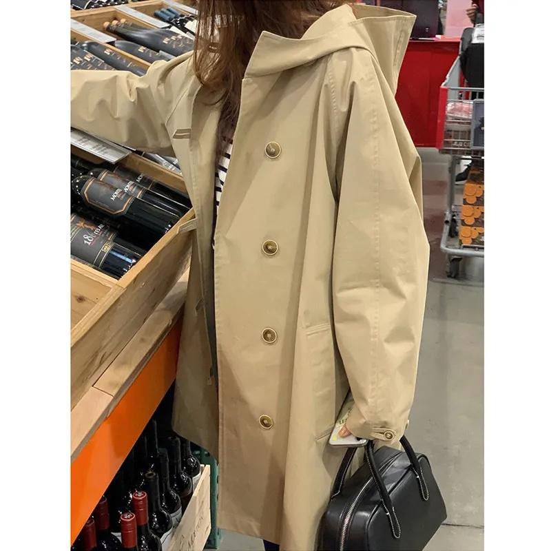 Spring Autumn Women Loose Fit Lined Outerwear Female Hooded Windbreaker Jacket Ladies Long Sleeves Trench Coat