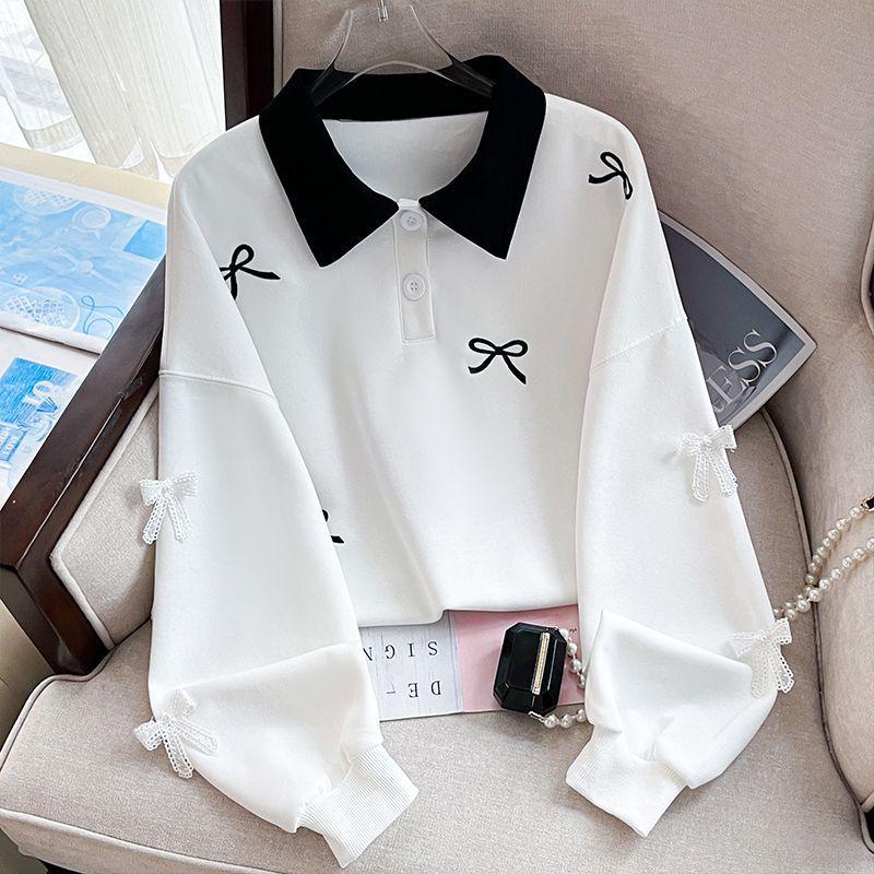 Girls' Autumn Sweatshirt with Bow Collar and Embroidery - Fashionable Academy Style Color Block Top