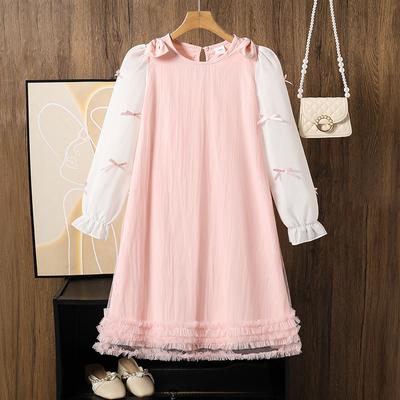 Girls' Dress Children's Autumn New Long-Sleeved Dress Three-Dimensional Bow Dress Sweet Mesh Dress