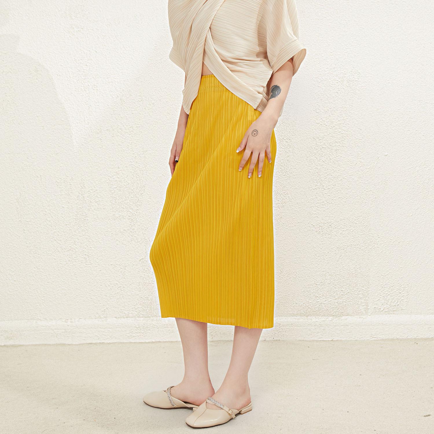 

Женская плиссированная миди-юбка с высокой талией - Универсальная летняя облегающая юбка с разрезом 86cm with back slit лимонно-желтый