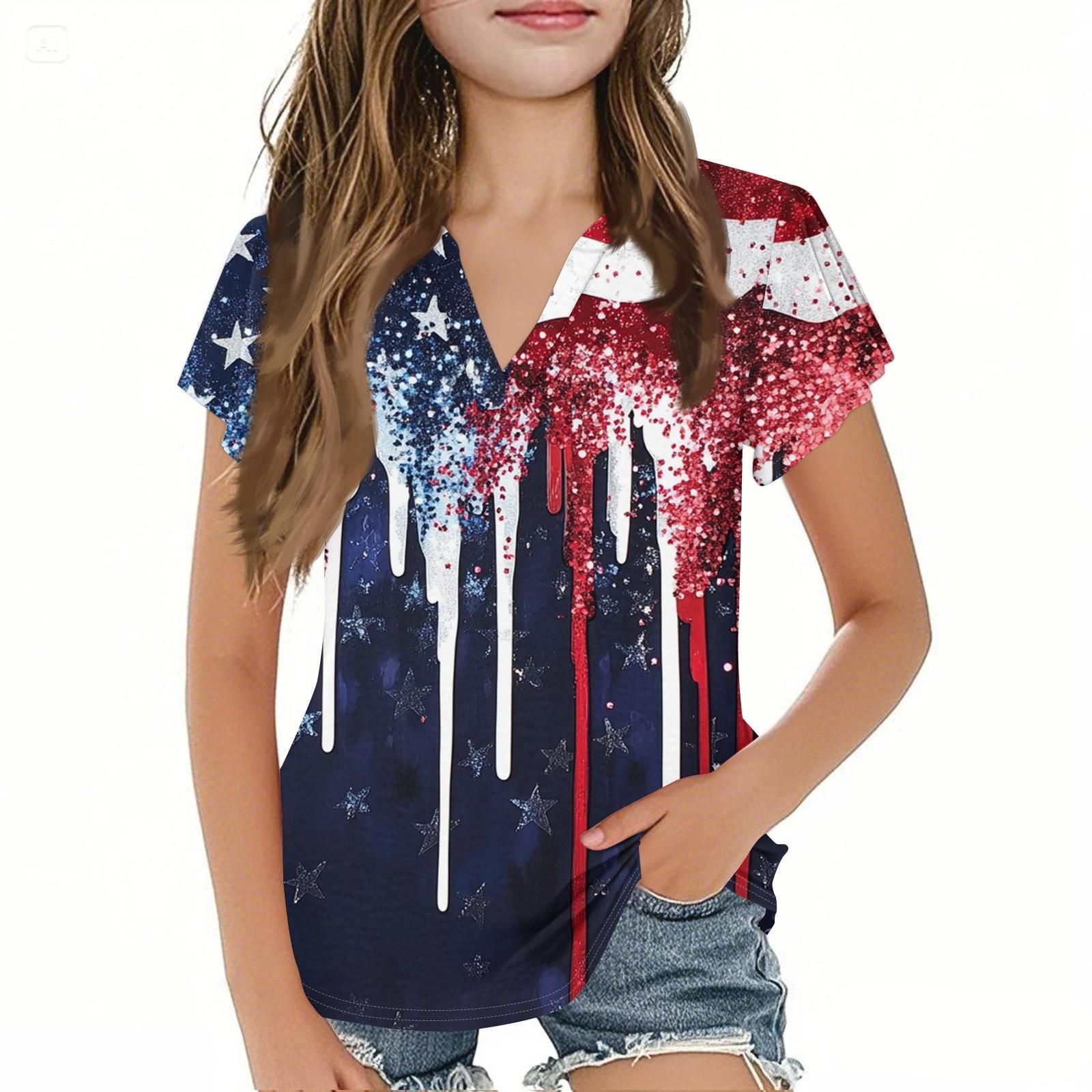 

Летняя детская повседневная мода с короткими рукавами и V-образным вырезом на День независимости для девочек 160 чёрный