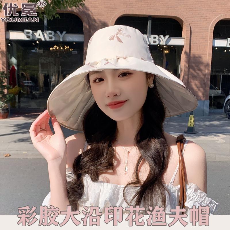 New big edge bucket hat women's summer sunscreen sun hat color glue face cover beach hat foldable bow