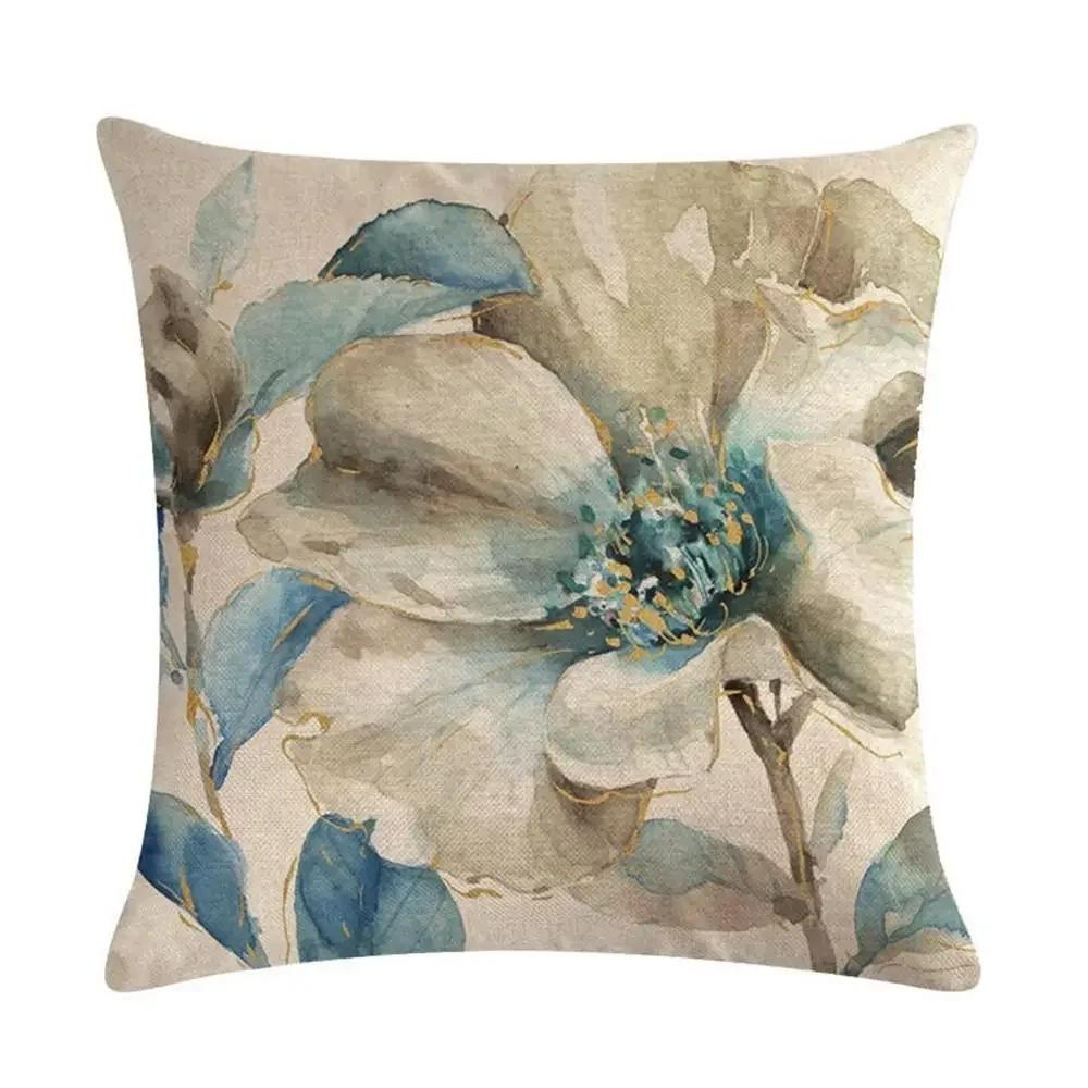 Vintage Pillowcase Printed Flower Linen Square Soft Pillow Case Sofa Seat Living Room Home Decor Cushion Cover 45*45Cm