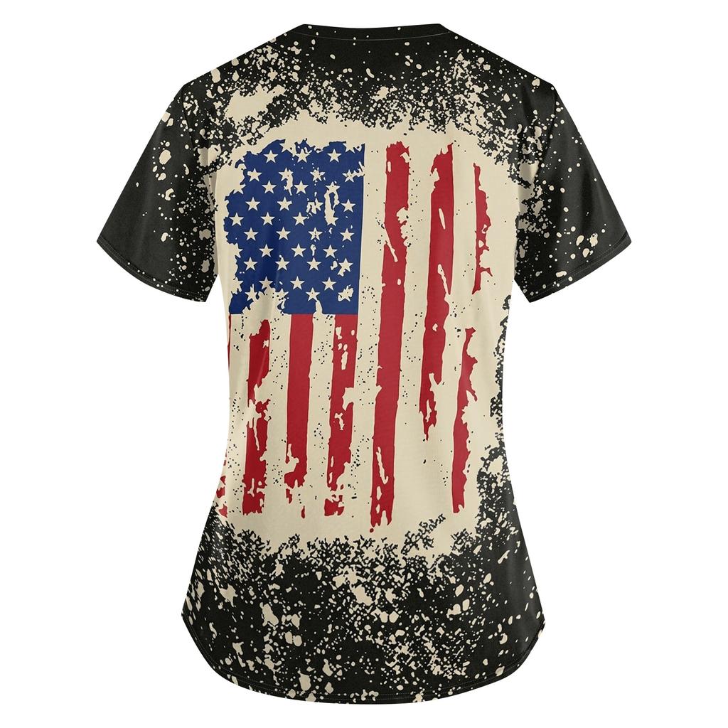 Women's Patriotic Print V-Neck Short Sleeve Scrub Top with Pockets Loose Fit