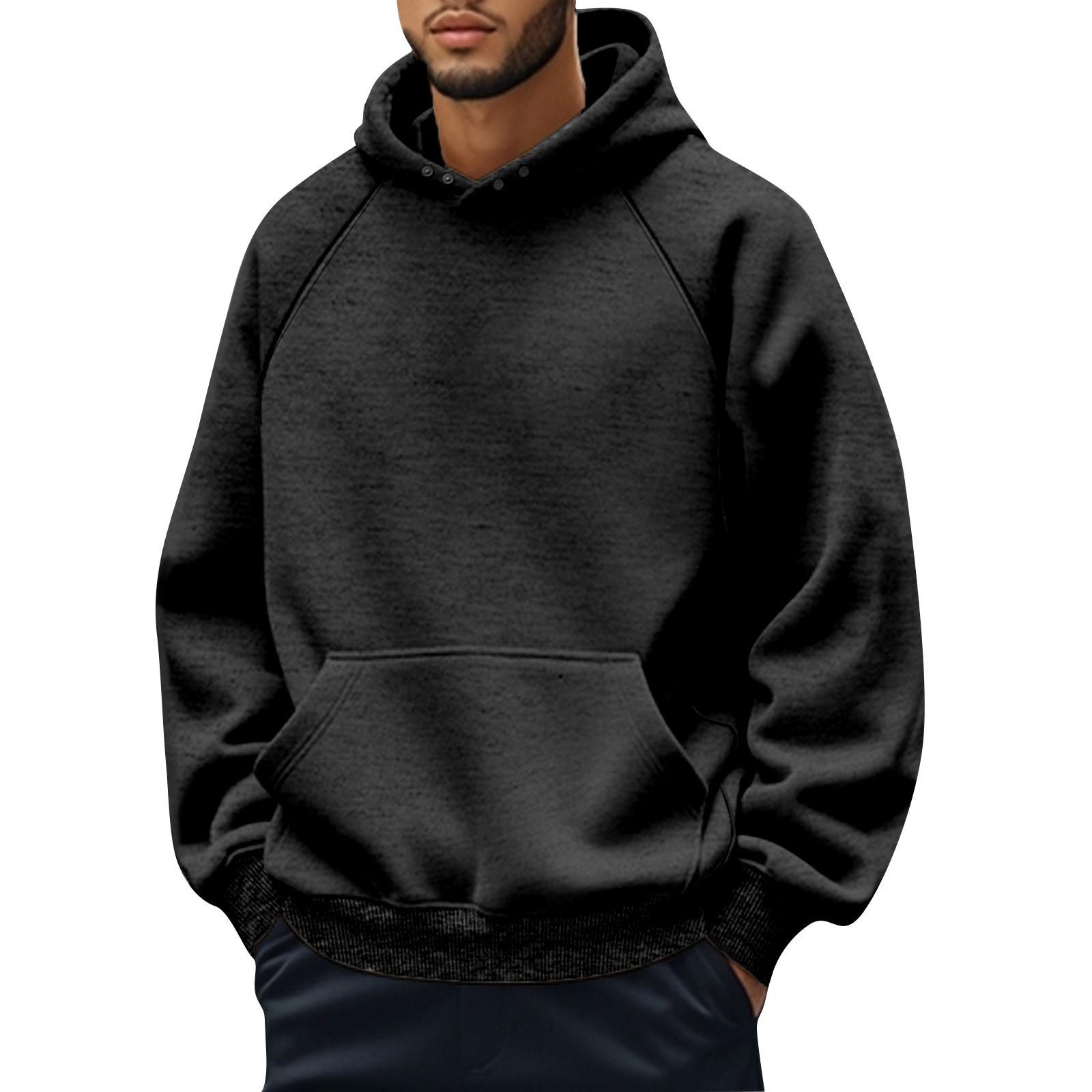 

Men s Casual Fleece-Lined Hoodie With Drawstring - Pullover Sweatshirt Athletic Long-Sleeve Shirt L чёрный