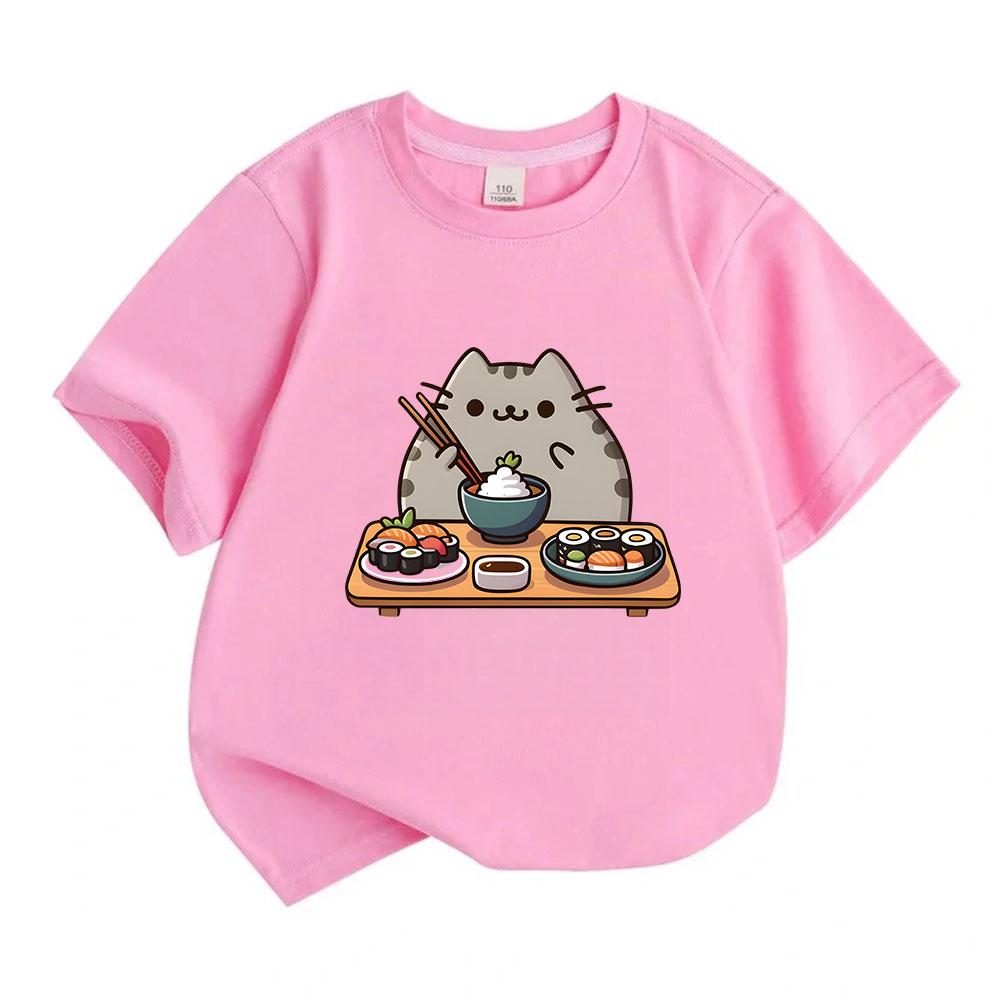 Cute Sushi Cat Print Kids 100% Cotton T-Shirt Boys Girls Crew Neck Short Sleeve Casual Summer Comfortable Pullover Tops Kawaii Food Animal Pattern Tee