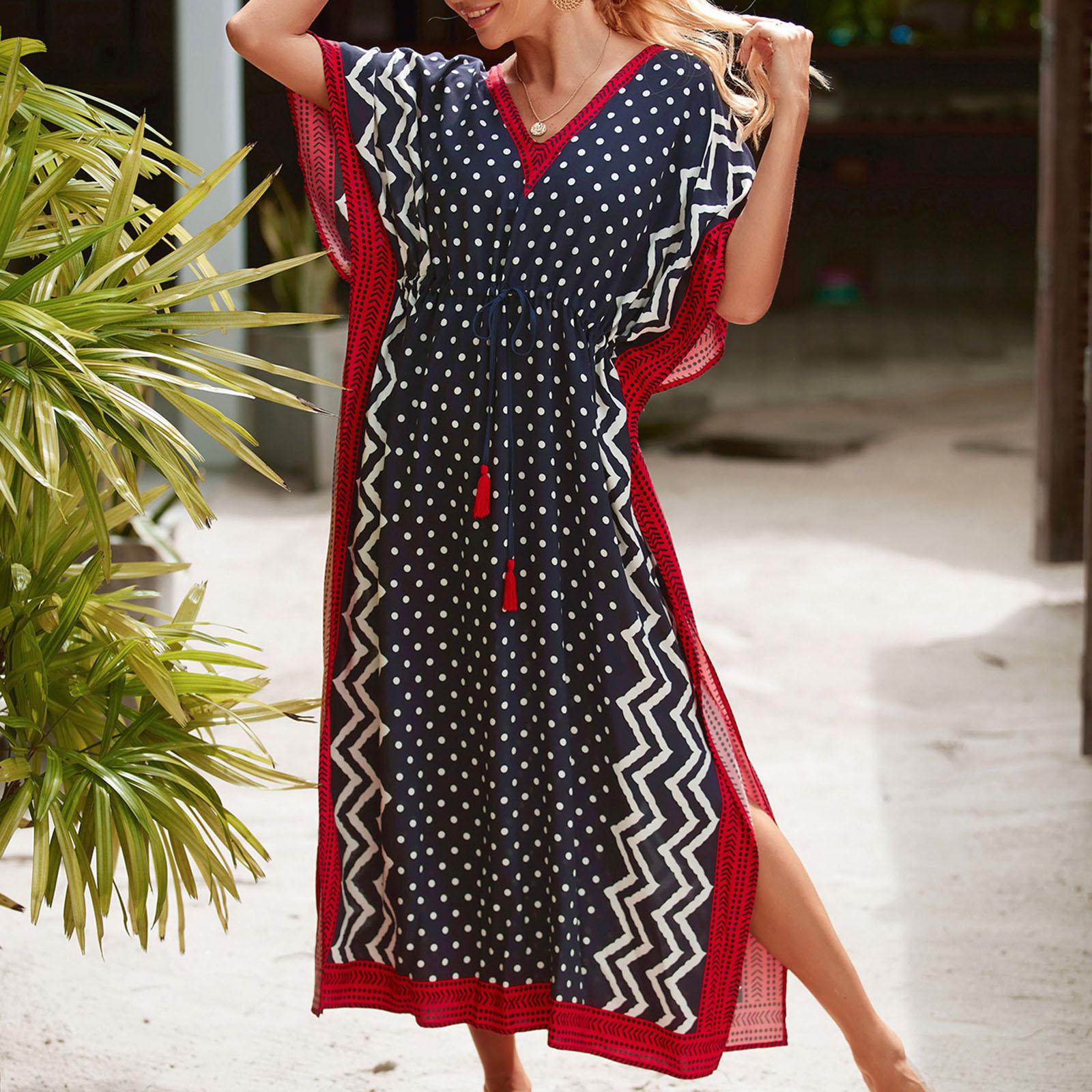 

Женское повседневное пляжное платье бикини с v-образным вырезом и принтом для загара One Size красный