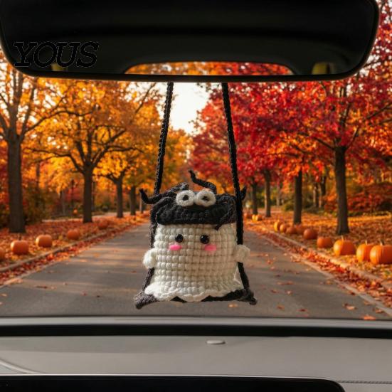 Handmade Aesthetic Car Decor Cute Crochet Ghost Ornaments, Mini Knitted Doll, Hanging Accessory Decorative Rearview Mirror for Auto Interior