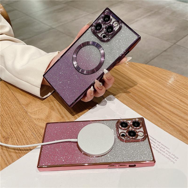 For iPhone 15 Pro Max Luxury Plating Magsafe Magnetic Frame Glitter Phone Case For iPhone 11 12 13 14 15 16Plus Protective Cover