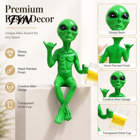 Exotic Alien Theme Party Supplies Fuunny Statue, Green with Beer Glass Figurine, Home Office Creative Housewarming Gifts for Men Bar Pub Game