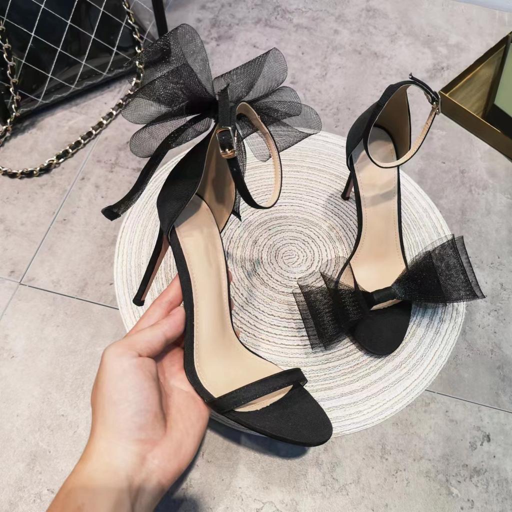 Fashion Lace Asymmetrical Bow Sandals 2024 Summer New Sexy Line With Open Toe Stiletto European And American Heels