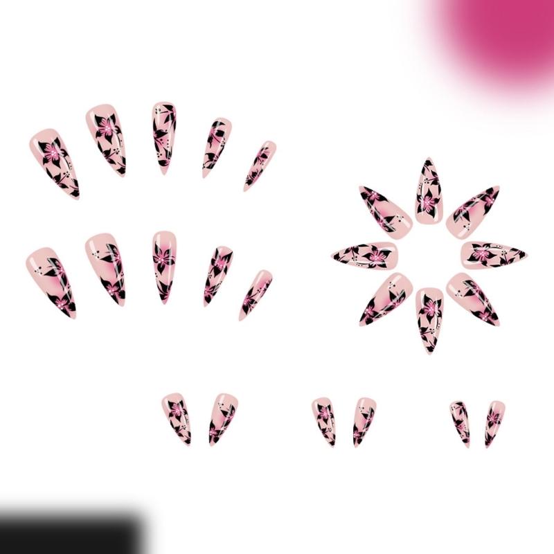 Long Stilettos Press On Nail Glossy Flower Design Artificial Fingernails 24pcs French Glittering Design