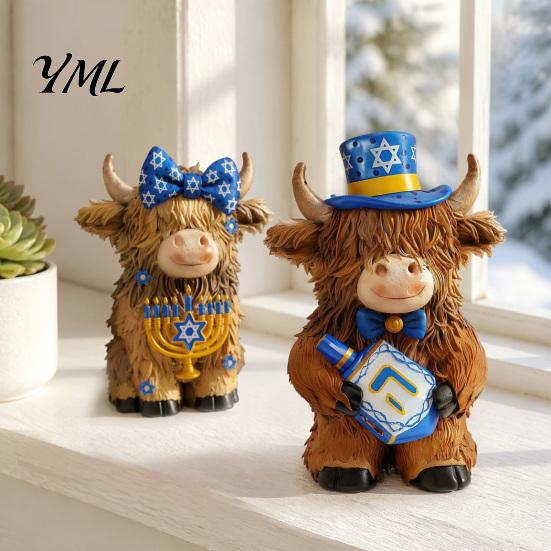 Whimsical Room Accent 2Pcs Magic Cow Figurines, Creative Resin Animal Statue with Wizard Theme, Collectible Art Piece Desk Shelf Home Decor,