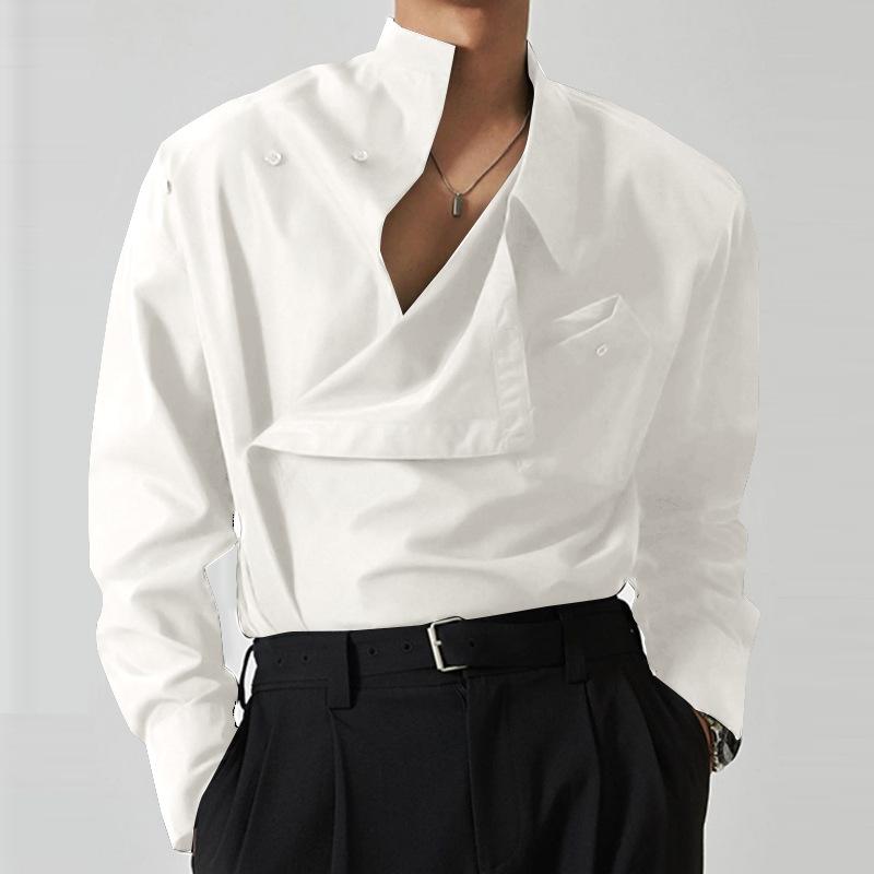 Irregular Design Buckle Lapel Shirt For Men Vintage French Style Long Sleeve Loose Top Spring Autumn Fashion Show Chic Shirts