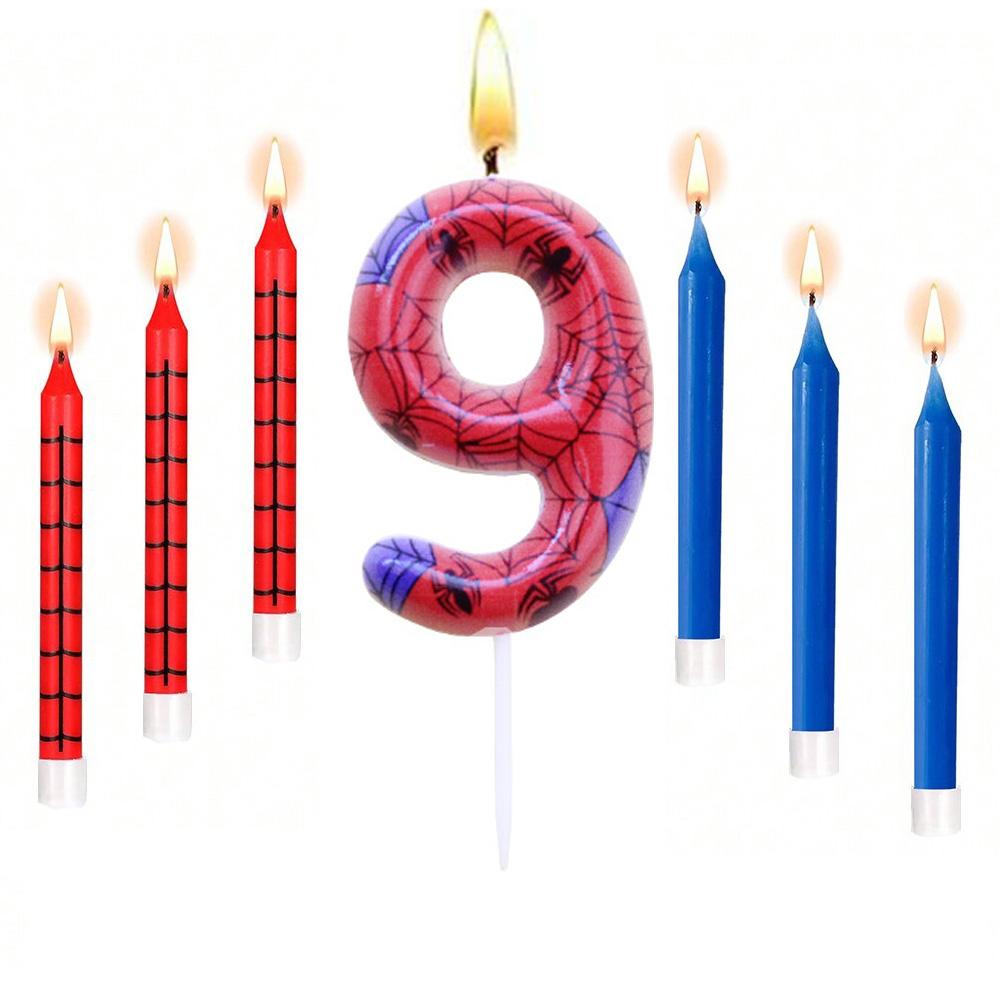 7pcs Red Blue Spider 8th Birthday Number Candles, Number 0-9 Candle Cake Topper Decorations for Spider Cartoon Themed Parties
