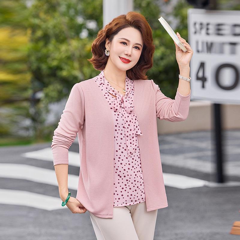 Spring Fashion Knitted Two-Piece Long-Sleeve Shirt for Middle-Aged Women