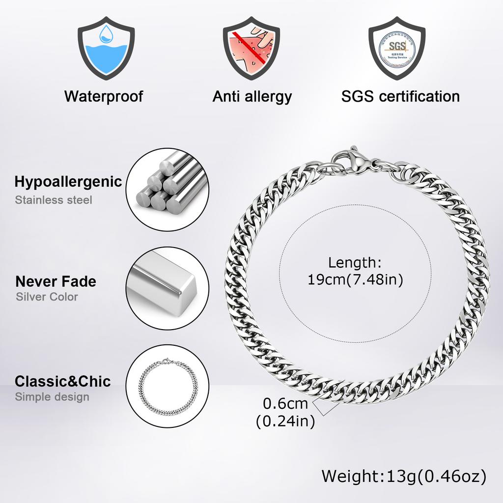 6mm Miami Cuban Chain Bracelet for Men Boys,Stainless Steel Curb Dome Link Chain Wristband,Stylish Basic Punk Jewelry Gift