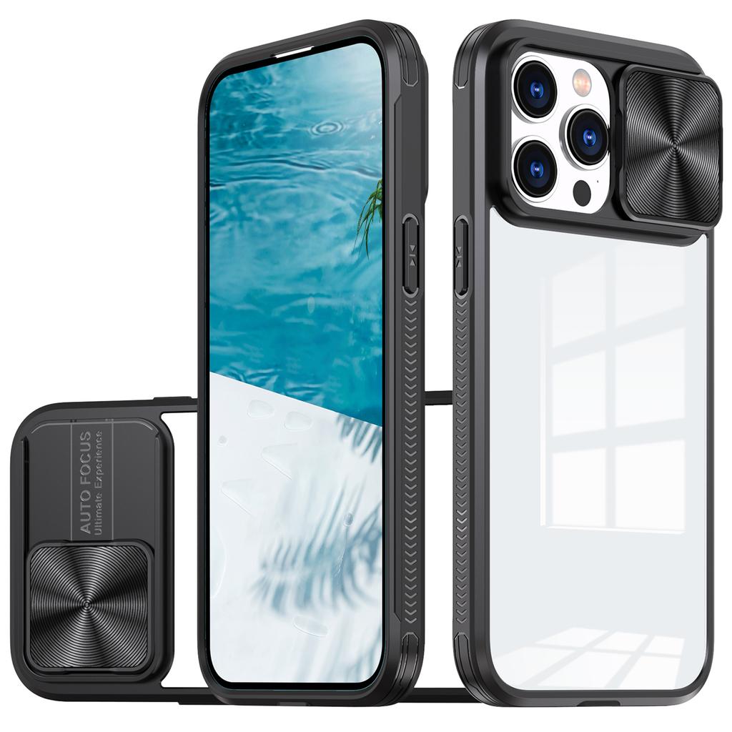 For iPhone 16 Pro Case TPU+PC Clear Phone Cover with CD-Veins Camera Lens Sliding Lid