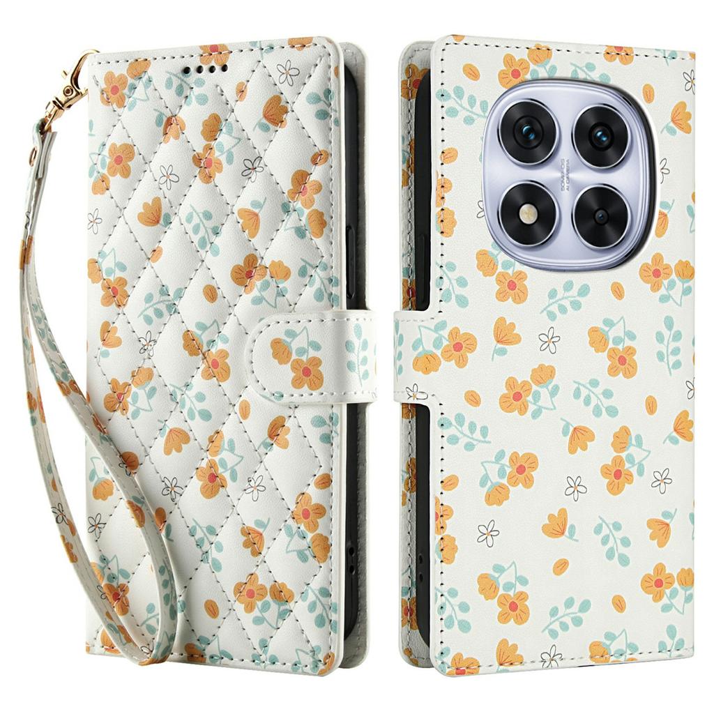 Für Xiaomi Redmi Note 14 Pro 4G Brieftaschenhülle Rhombisches Blumendesign Leder Klapphandyhülle mit Riemen