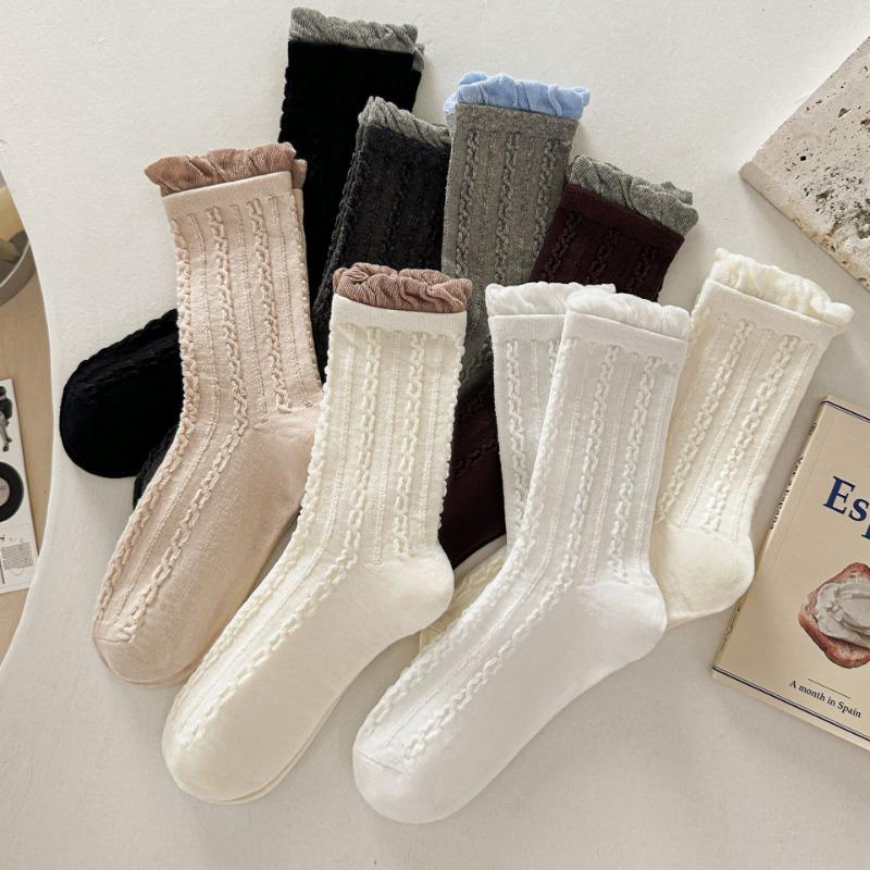 

Autumn and Winter Socks: Women s Linen Patterned Mid-calf Socks, College-style Lace Puffed Thigh-high Socks 1 pair кавовий/молоко, білий колір