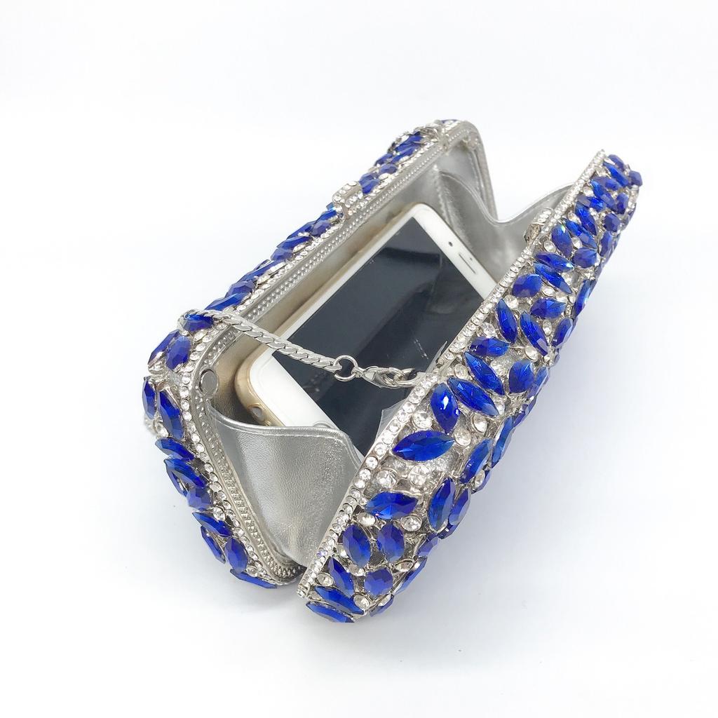 WHTUOHENG Blaue Strasssteine Silbernes Metall Abend-Clutch-Tasche Für Damen Kristall Hochzeit Braut Handtasche Diamant Party Abschlussball Clutches