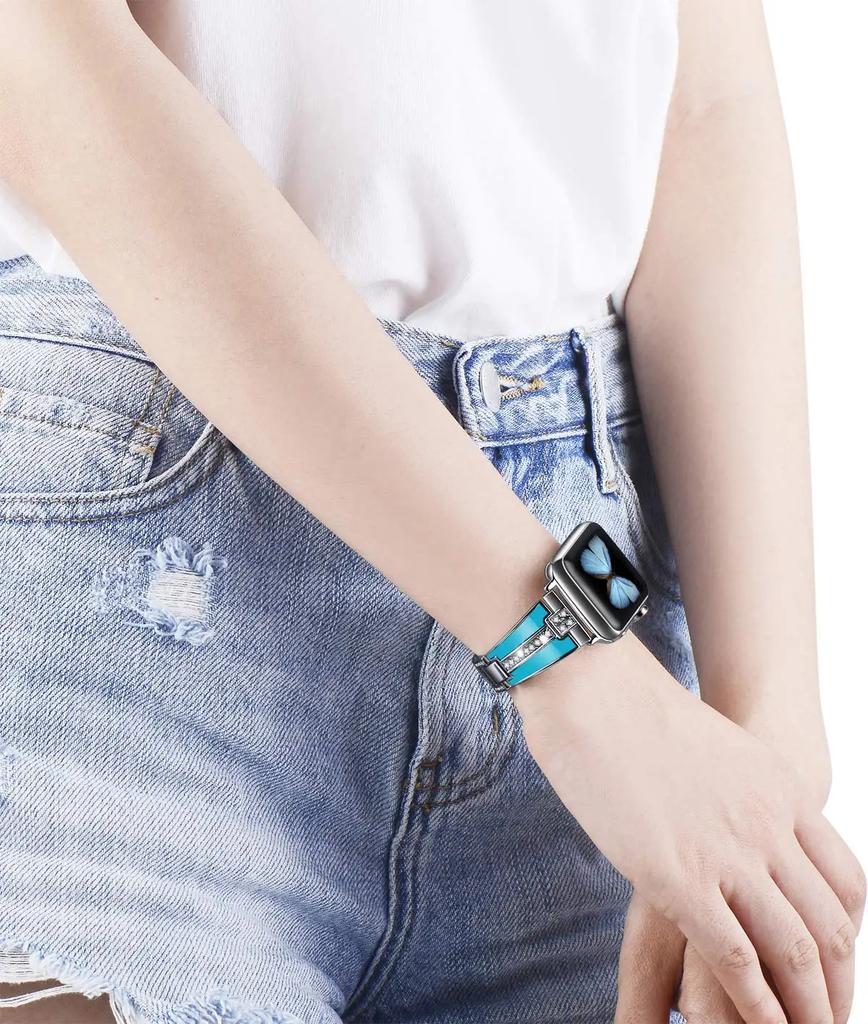 Resin+Metal Strap for Apple Watch 45mm 44mm 42mm 40mm 41mm 46mm 49mm Women Diamond Bracelet Iwatch Ultra 10 9 8 7 6 5 4 SE Band