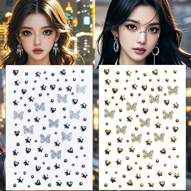 1/10pcs Glitter Star Heart Butterflies Face Sticker Gold Silver Rhinestones Sticker Temporary Tattoos DIY Body Arts Party Decor