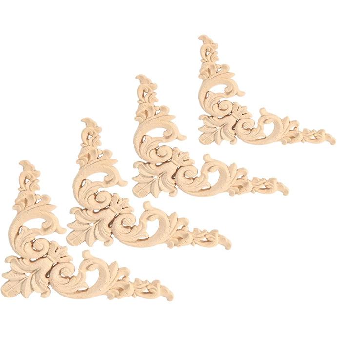 4pcs Wooden Onlay Applique for Furniture, Carved Wood Corner Decals for Mirror Bed Door Cabinet, Flower Shape Unpainted Wood Decor(12x12cm/4.7x4.7in)