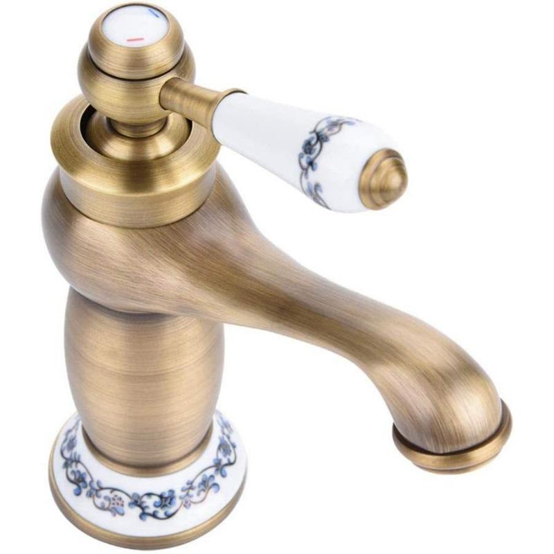 Vintage Antique Brass Faucet Blue and White Porcelain Long Neck Mixer Tap Bathroom/Kitchen Cold Hot Water Basin Sink Accessories