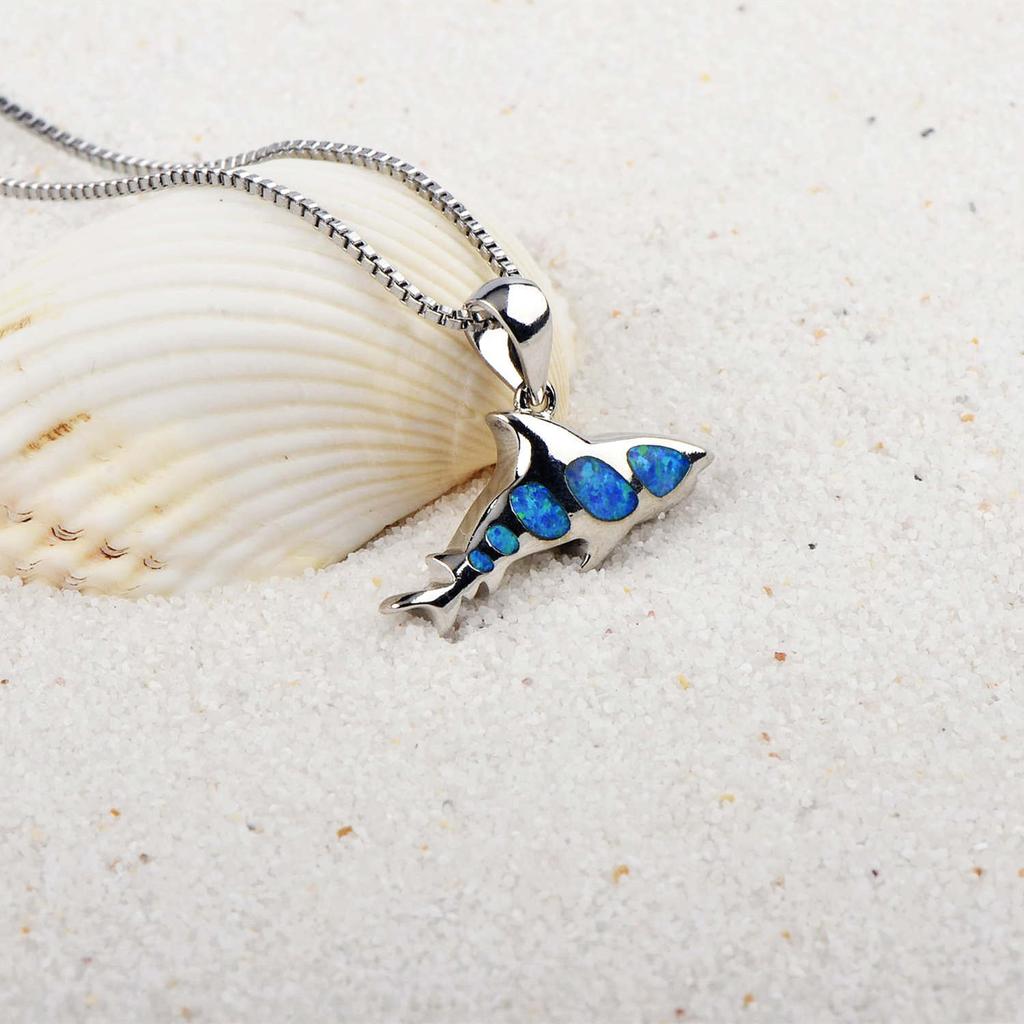 European & American Fashion Trendy Silver Plated Copper Shark Pendant Necklace Blue Opal Ocean-Inspired Sweater Chain for Women