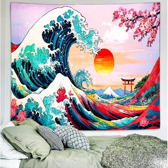 Delur Great Wave Tapestry Japanese Sunset Ocean Sea Wave Off Kanagawa Tapestry Wall Hanging Vintage Asian Anime Cherry Blossom Nature Headboard for