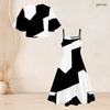 Women Plus Size Two Piece Dress Set Black White Geometric Printed Batwing Sleeve Cropped Shrug Strappy Flared Dress