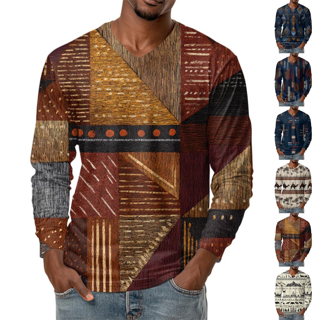 Men's V-neck Casual Fashion Printed Long-sleeved T-shirt Top