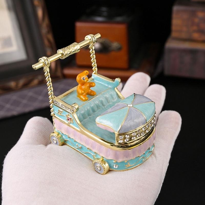 Enamel Jewelry Box Stroller Shape with Bear Ornament, Soft Blue Pink Accessory Box for Rings, Earrings, Bedside Table and Shelf Display