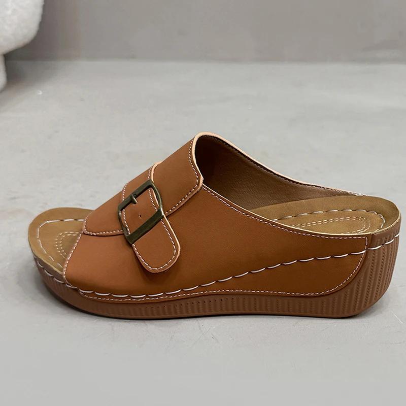 Fashion Metal Buckle Design Wedge Sandals for Women Rome Plus Size Open Toe Platform Sandal Woman Beach New Pu Leather Sandalias Mujer
