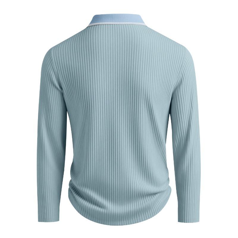 Mens Long Sleeve Striped Polo Shirt Loose Breathable Business Casual