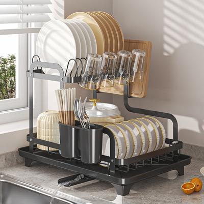 2 Tier Dish Drying Rack Kitchen Organizer Kitchen Countertop Drainer with Drainboard Cups Utensil Cutting Board Holder