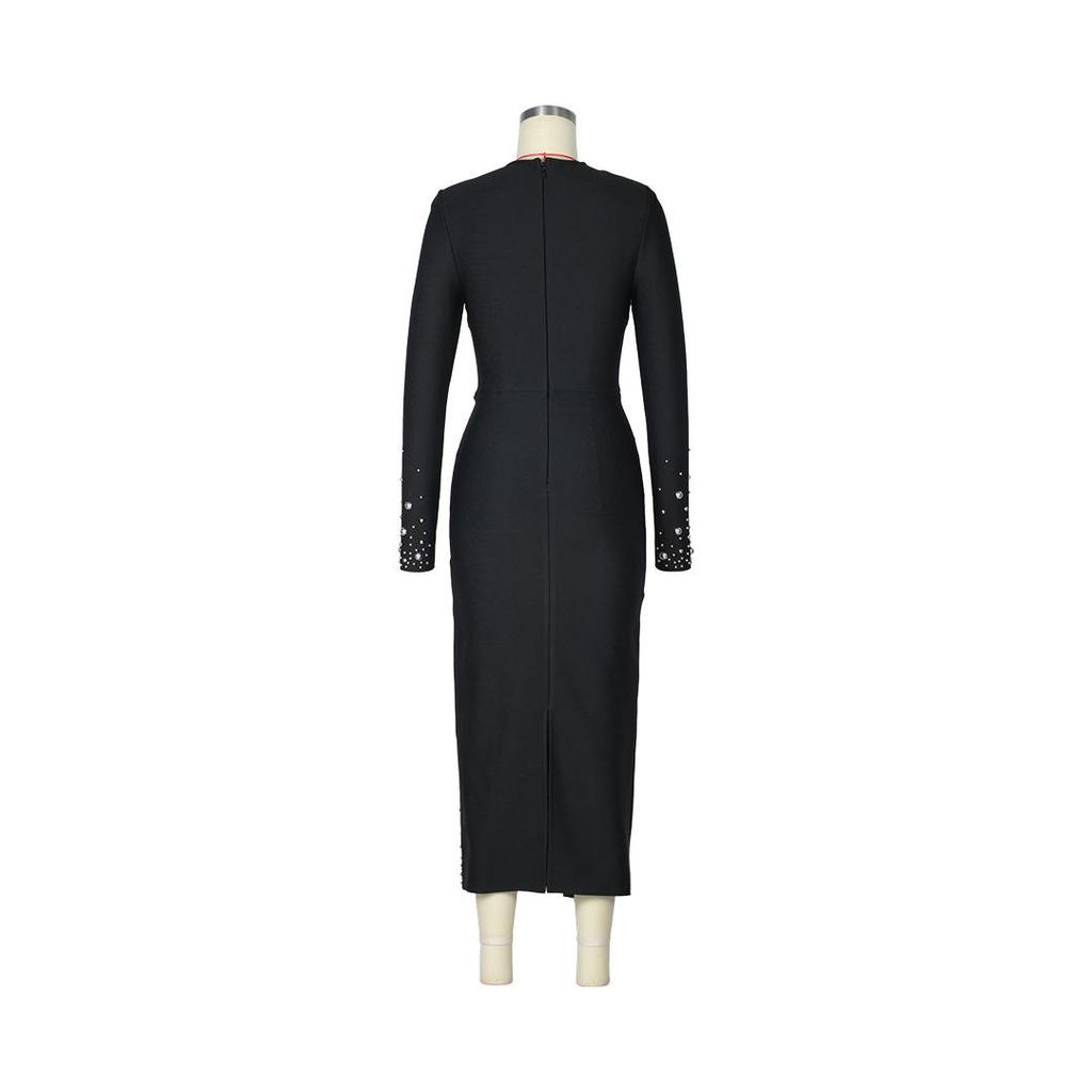 Sexy Long Sleeve Bandage Dress with Nail Detailing - Slim Fit Evening Gown